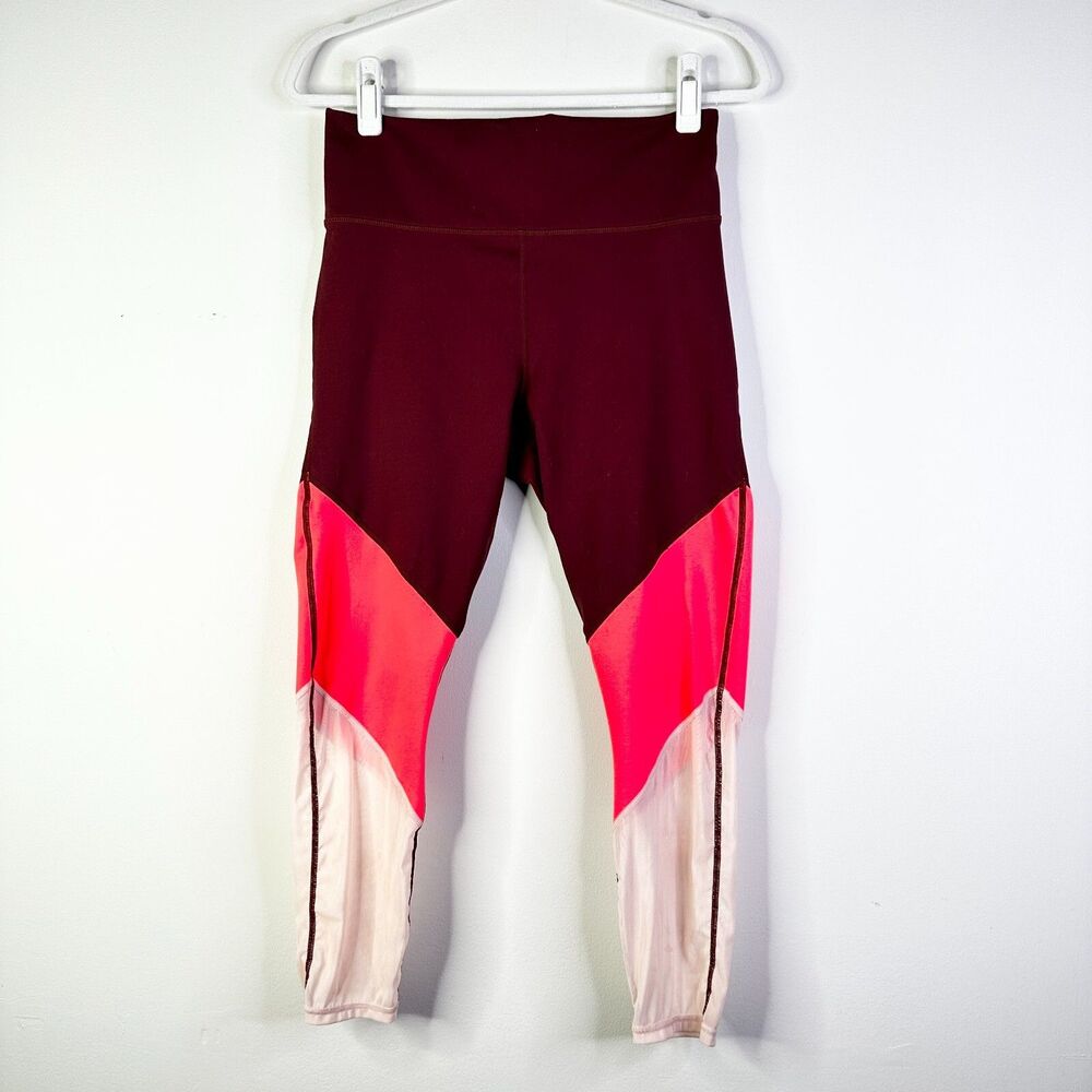 Fabletics Leggings Women L Maroon Pink Colorblock Powerhold Cropped Athleisure - Picture 2 of 8
